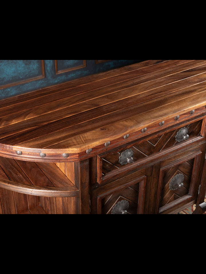 Wooden console with a dark background