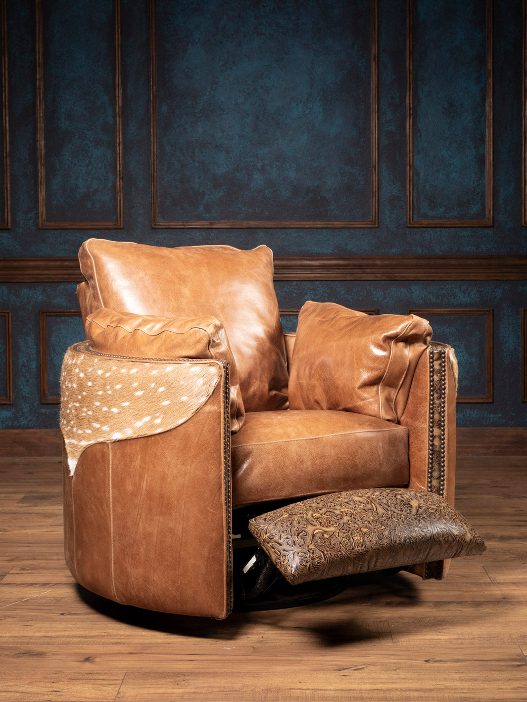 Haven Axis Leather Swivel Recliner in tan full-grain leather with Axis hide accents and tooled leather footrest – handcrafted Western luxury chair