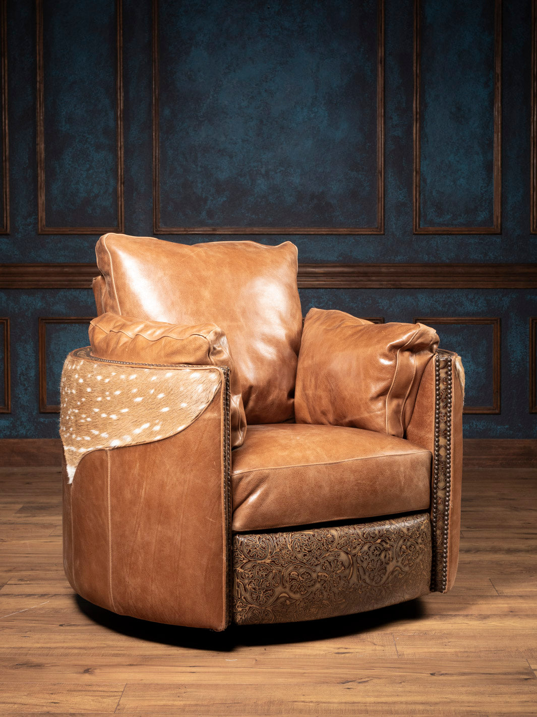 Haven Axis Leather Swivel Recliner in full-grain leather with Axis hide and tooled base – handcrafted Western luxury chair