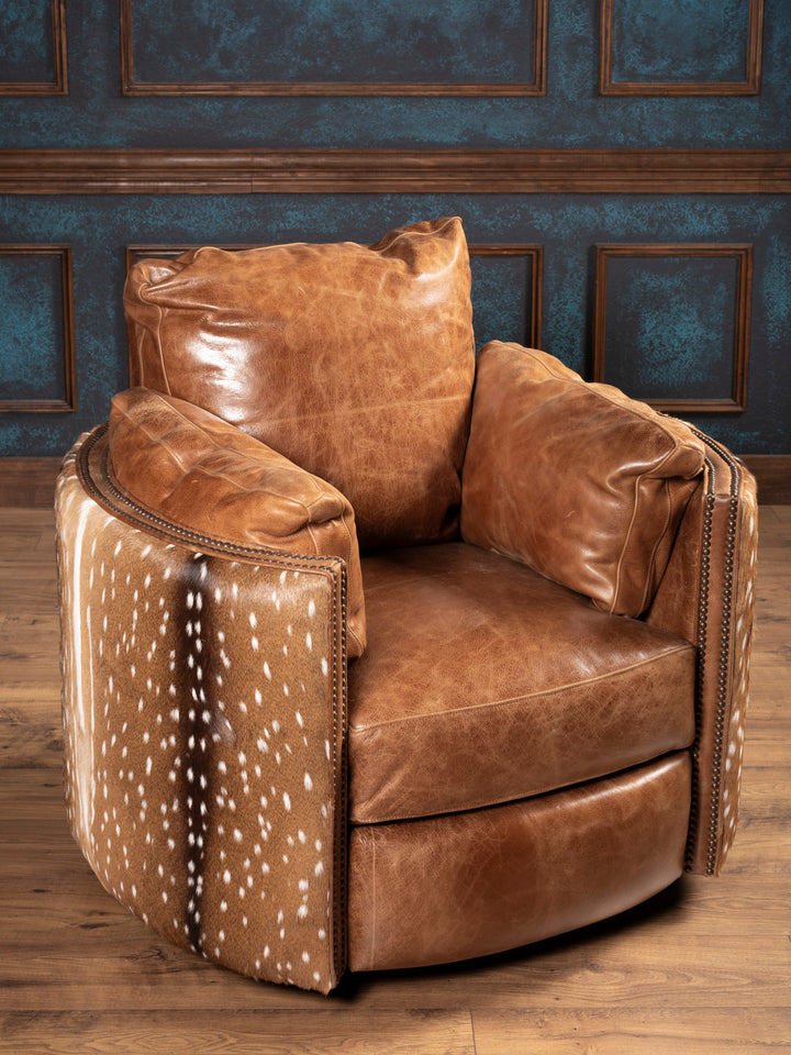 Hill Country Recliner front view with rustic Western materials: Axis hide and top grain leather blend in a Western luxury swivel recliner.