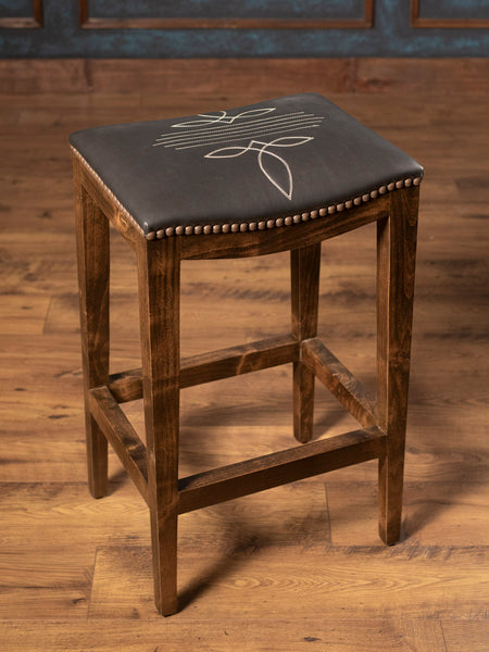 Midnight Black Leather Saddle Stool – Western Boot Stitch Bar Seat