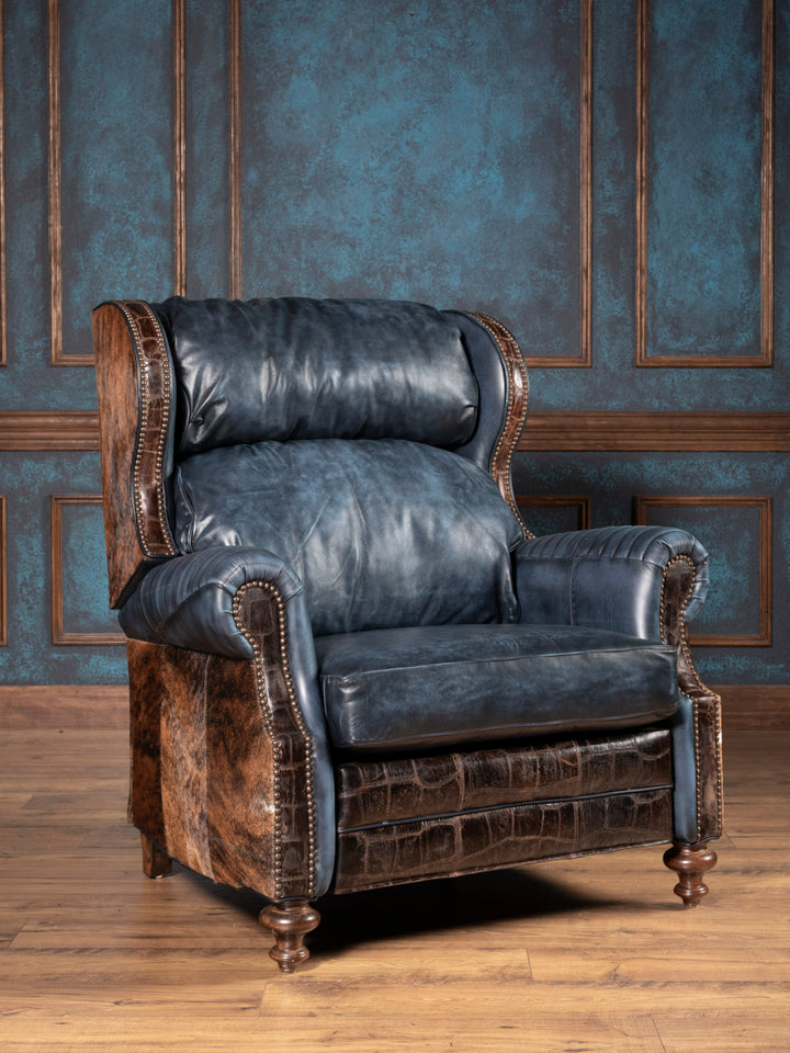 Western leather and cowhide pushback recliner with blue top grain leather and nailhead trim, handcrafted luxury armchair