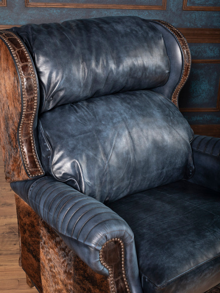 Soft top grain blue leather recliner cushions with plush support and premium Western-style craftsmanship detailing