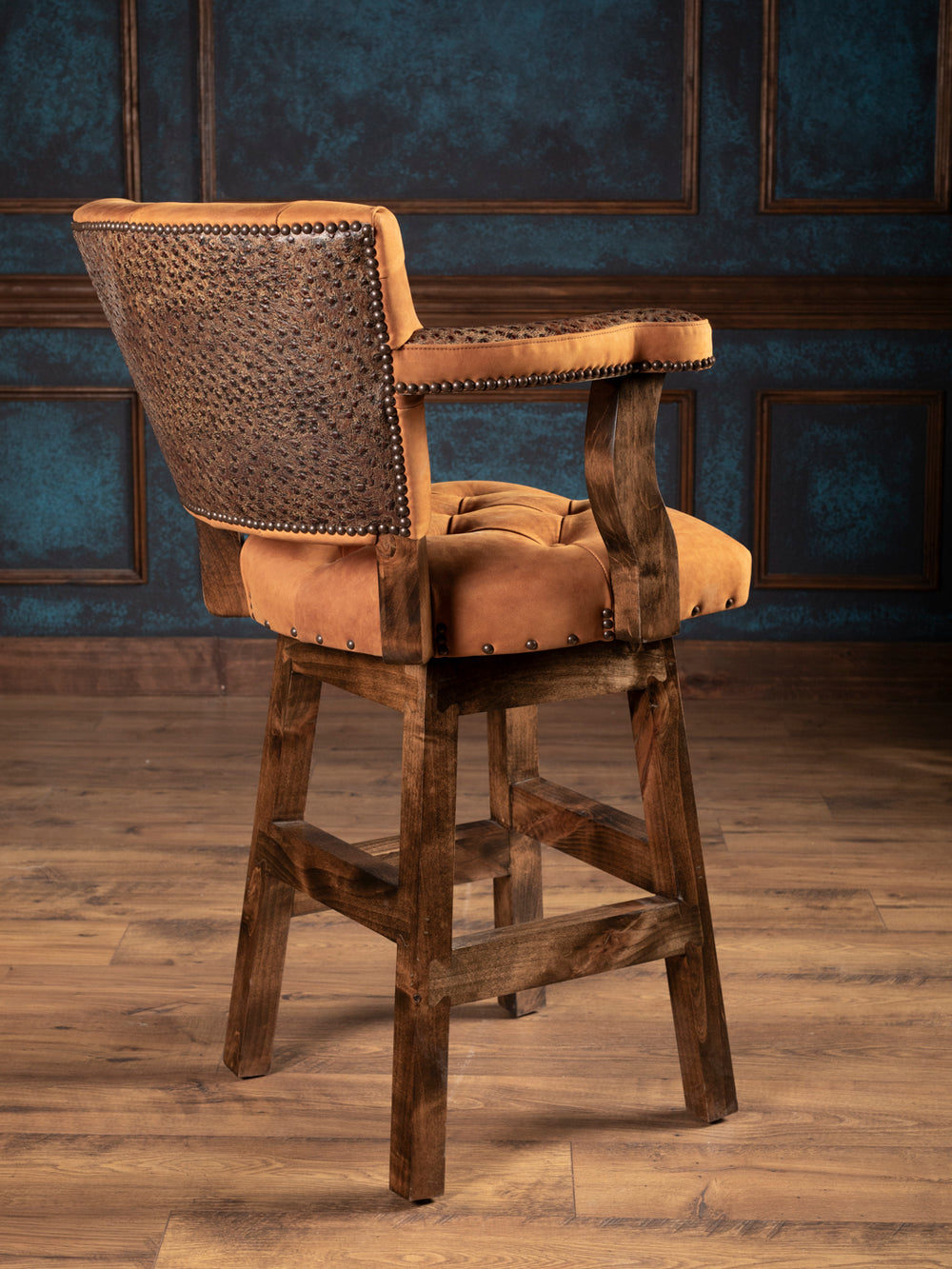 Ostrich leather bar stool back view showing embossed ostrich hide