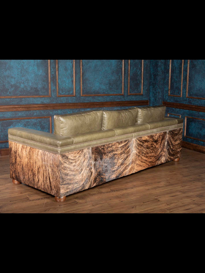 Back view of Quilted Western leather sofa showing full cowhide panel detail