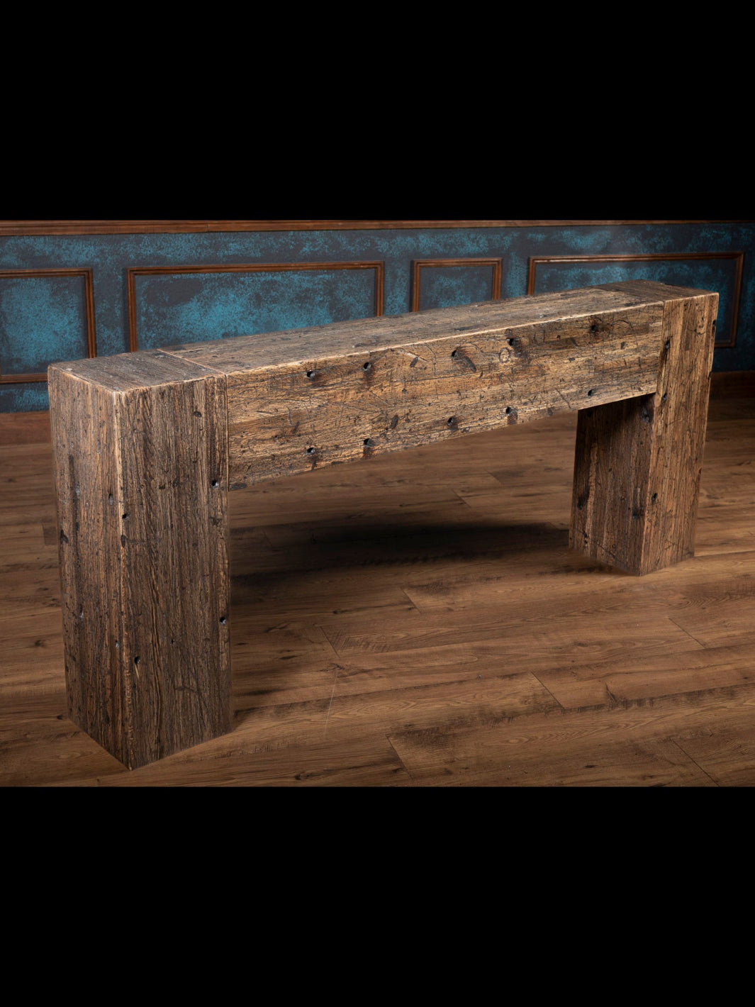 Reclaimed wood console with distressed detailing