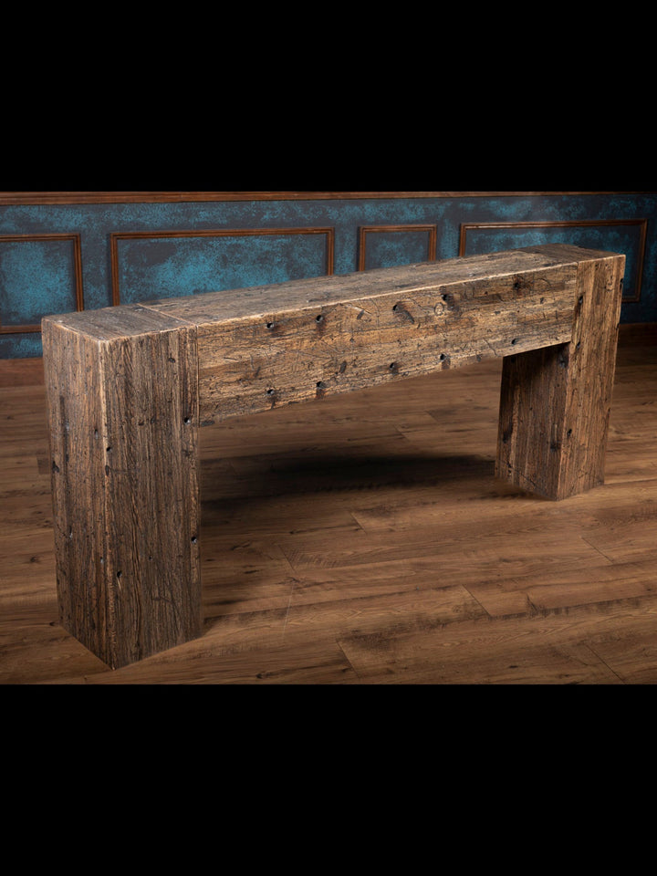 Reclaimed wood console with distressed detailing