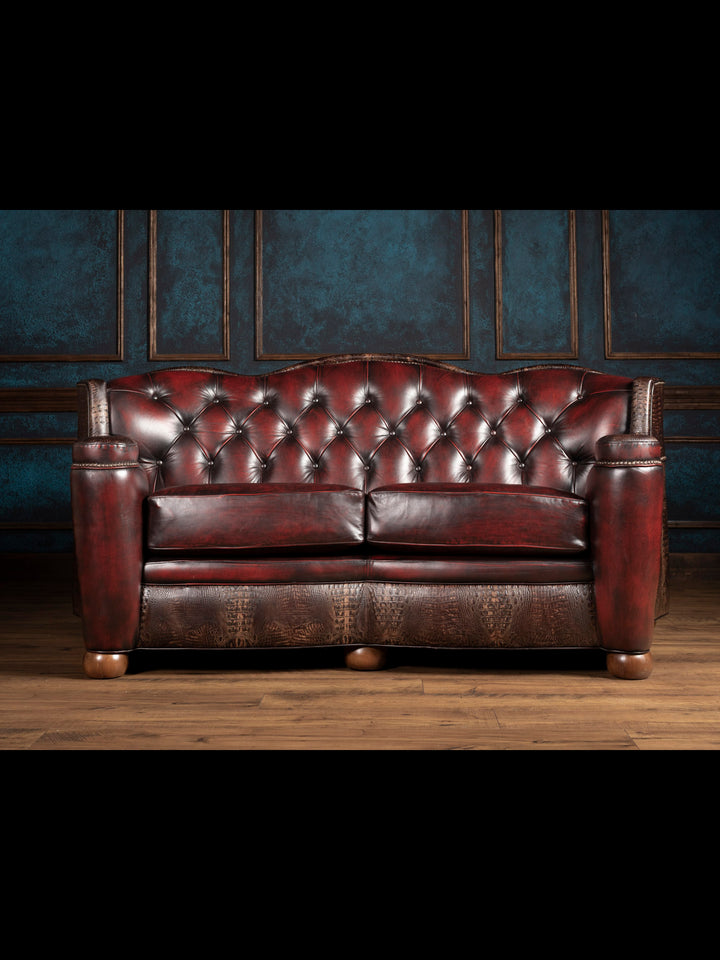 Front view of the Red leather and crocodile embossed Western loveseat sofa – handcrafted full grain leather furniture