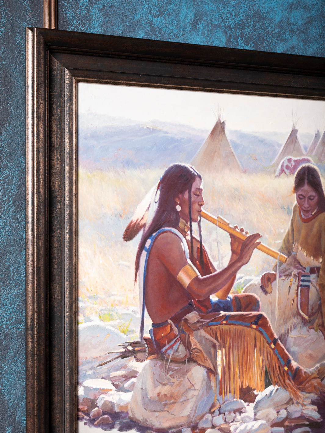 Riverside Couple Western Canvas Art - Native Flute Serenade and Tipi Scene