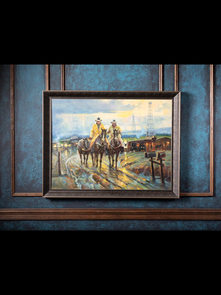 Rainy Boomtown Western Canvas Art - Cowboys in Oil Country