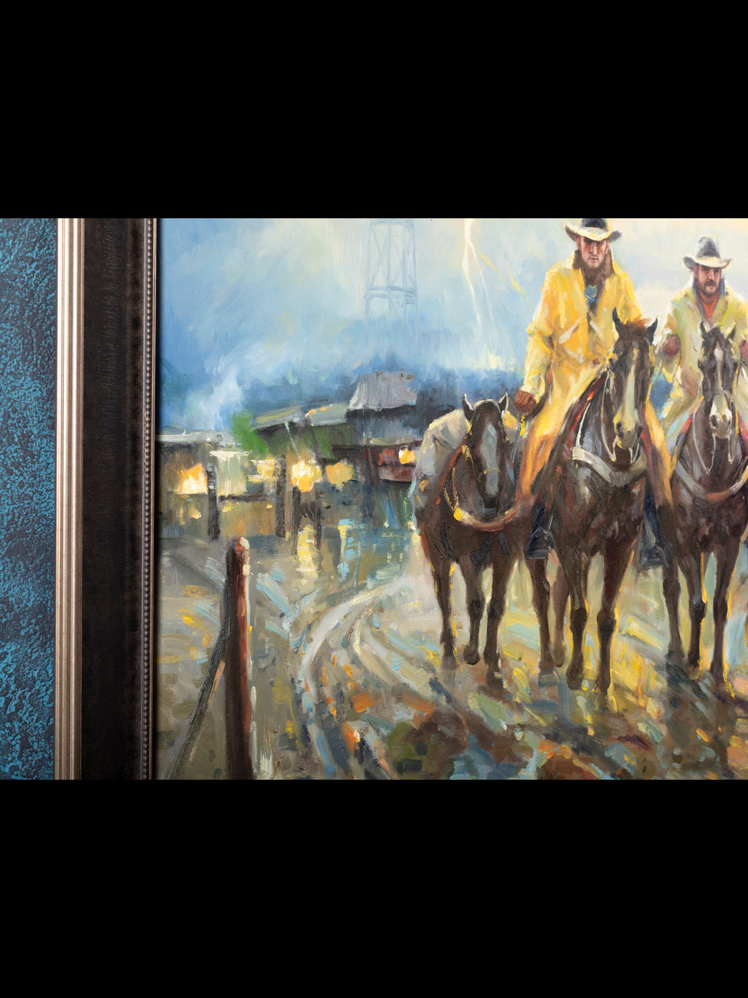 Rainy Boomtown Western Canvas Art - Cowboys in Oil Country