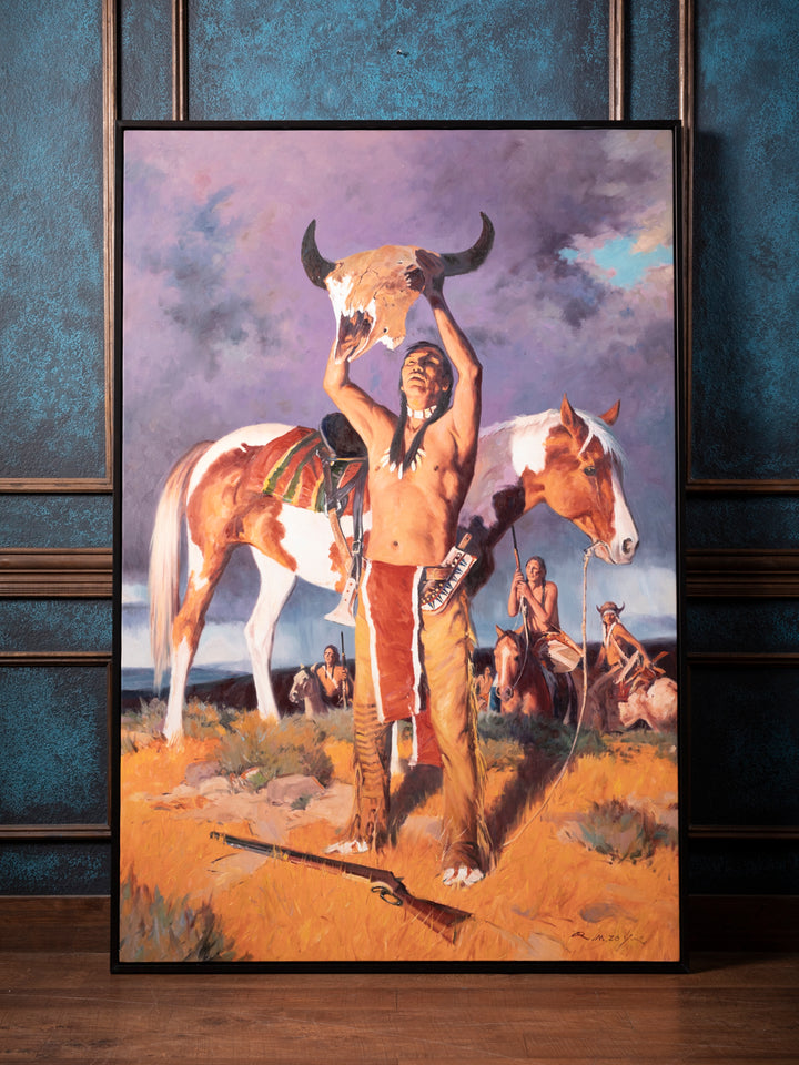 Native Spirit Western Canvas Art - Tribal Warrior with Horse and Buffalo Skull