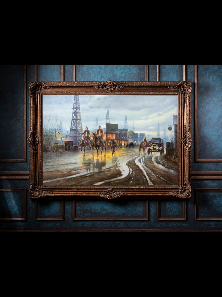 Boomtown Western Canvas Art - Cowboys in an Early Oil Boomtown