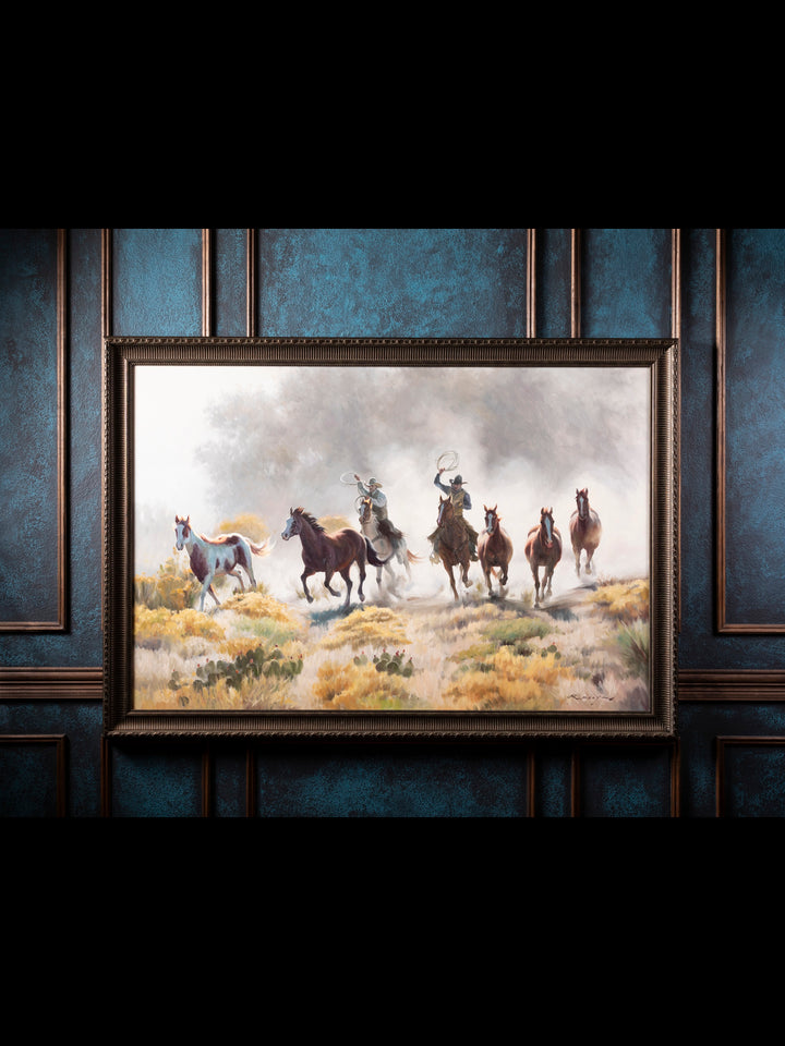 Galloping Freedom Western Canvas Art - Cowboys Herding Wild Horses