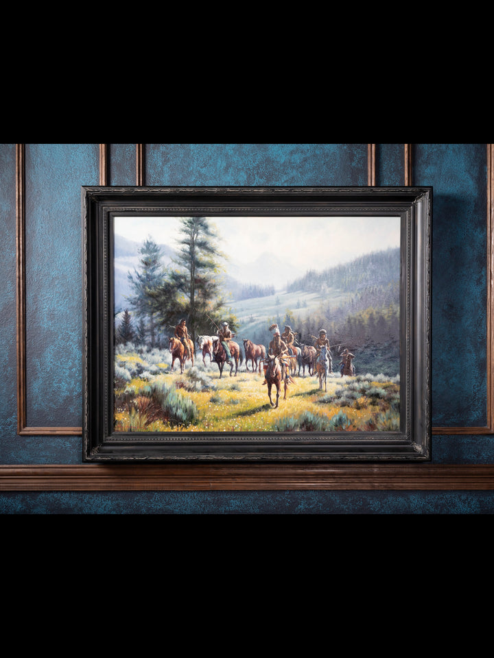 Mountain Trail Western Canvas Art - Cowboy Herding Scene in Rustic Landscape