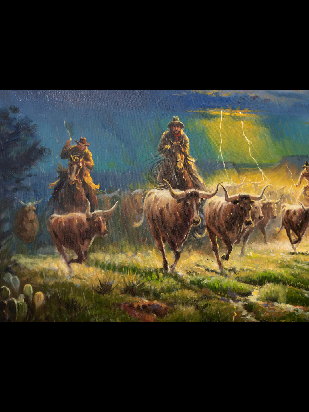 Stormy Trail Western Canvas Art - Cowboys Herding Cattle Under Lightning Skies