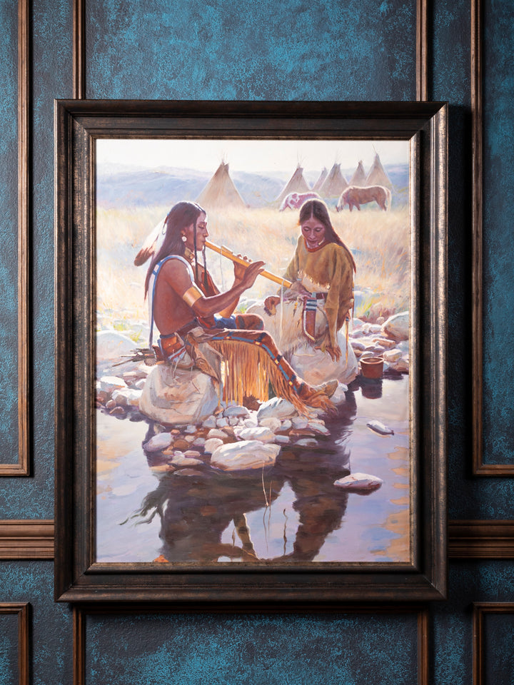 Riverside Couple Western Canvas Art - Native Flute Serenade and Tipi Scene