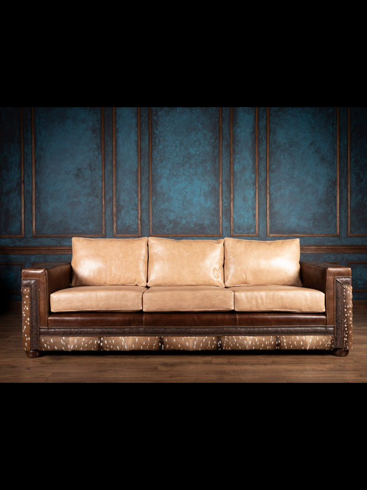 Front view of Sandstone Axis Leather Sofa showcasing clean lines, artisan detailing, and rich buffalo leather craftsmanship.