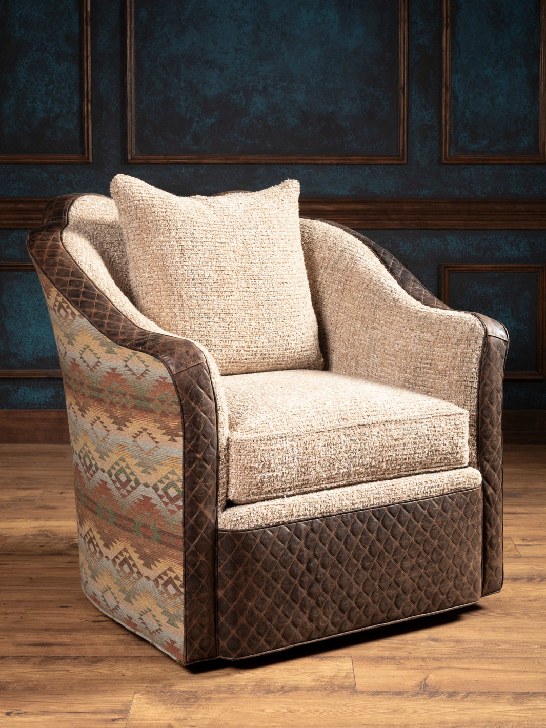 Southwest Luxe Swivel Chair with boucle fabric and quilted trim
