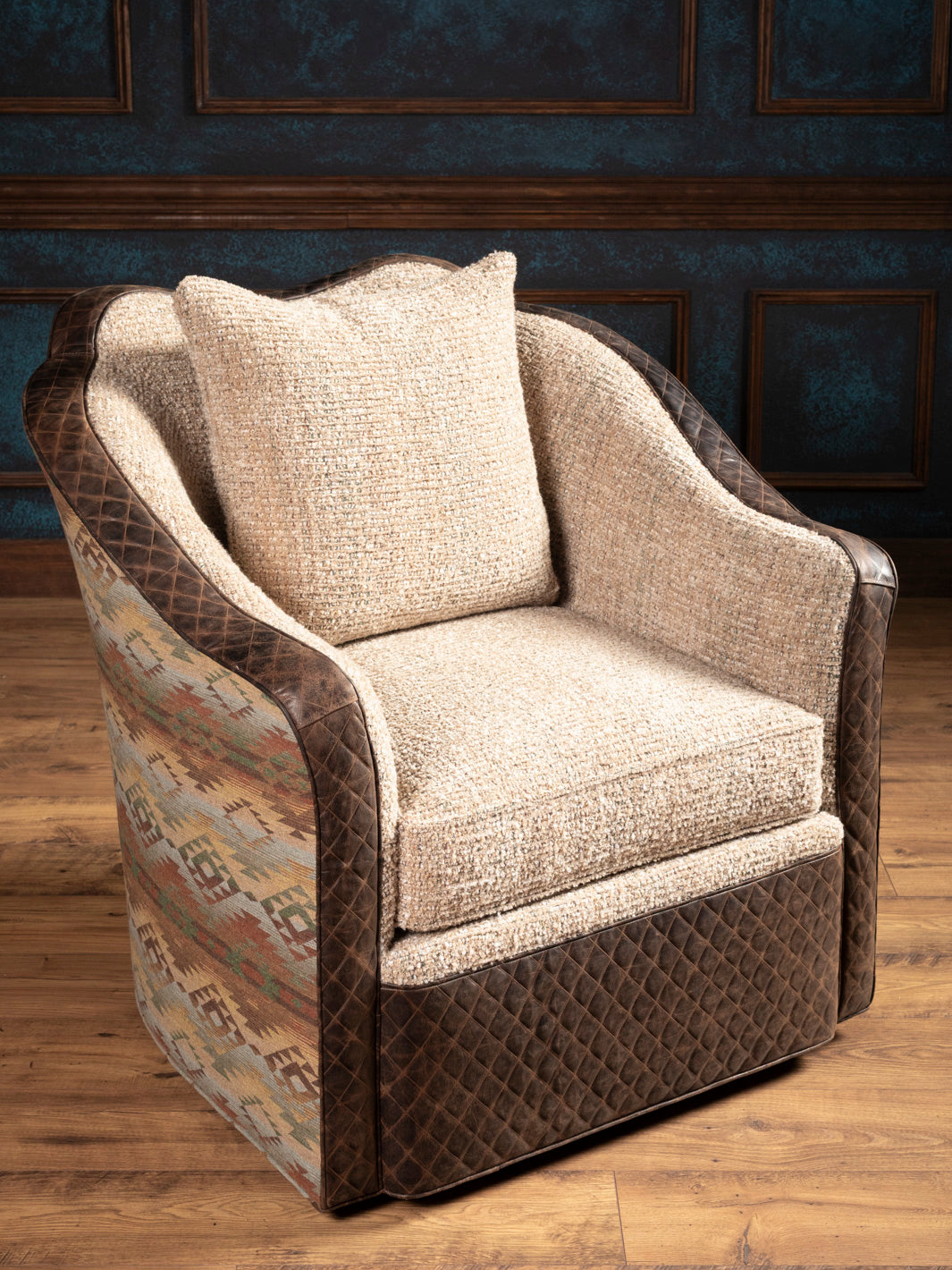 Angled front view: Southwestern swivel accent chair with Navajo-style fabric back