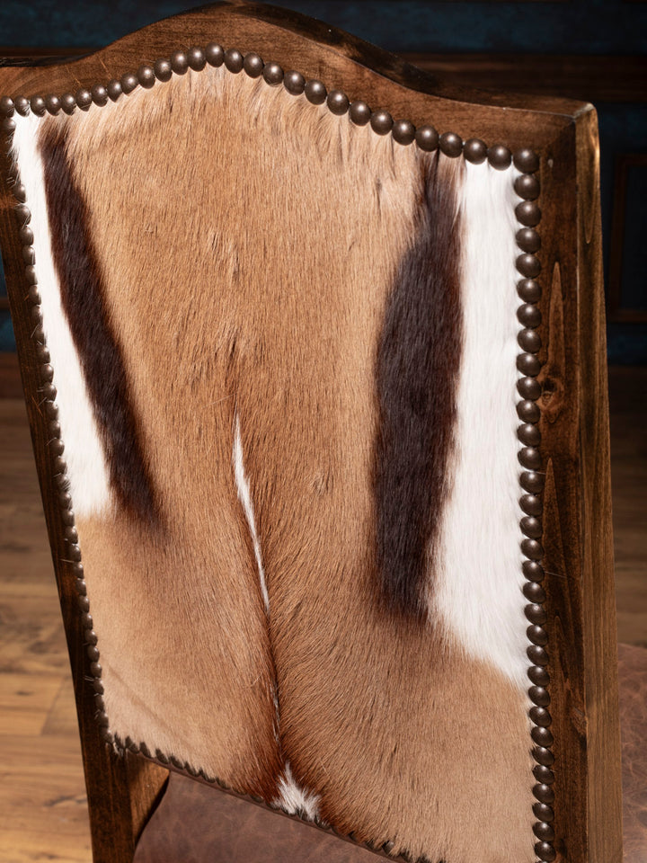 Close up shot of springbok paneling on outside back of chair.