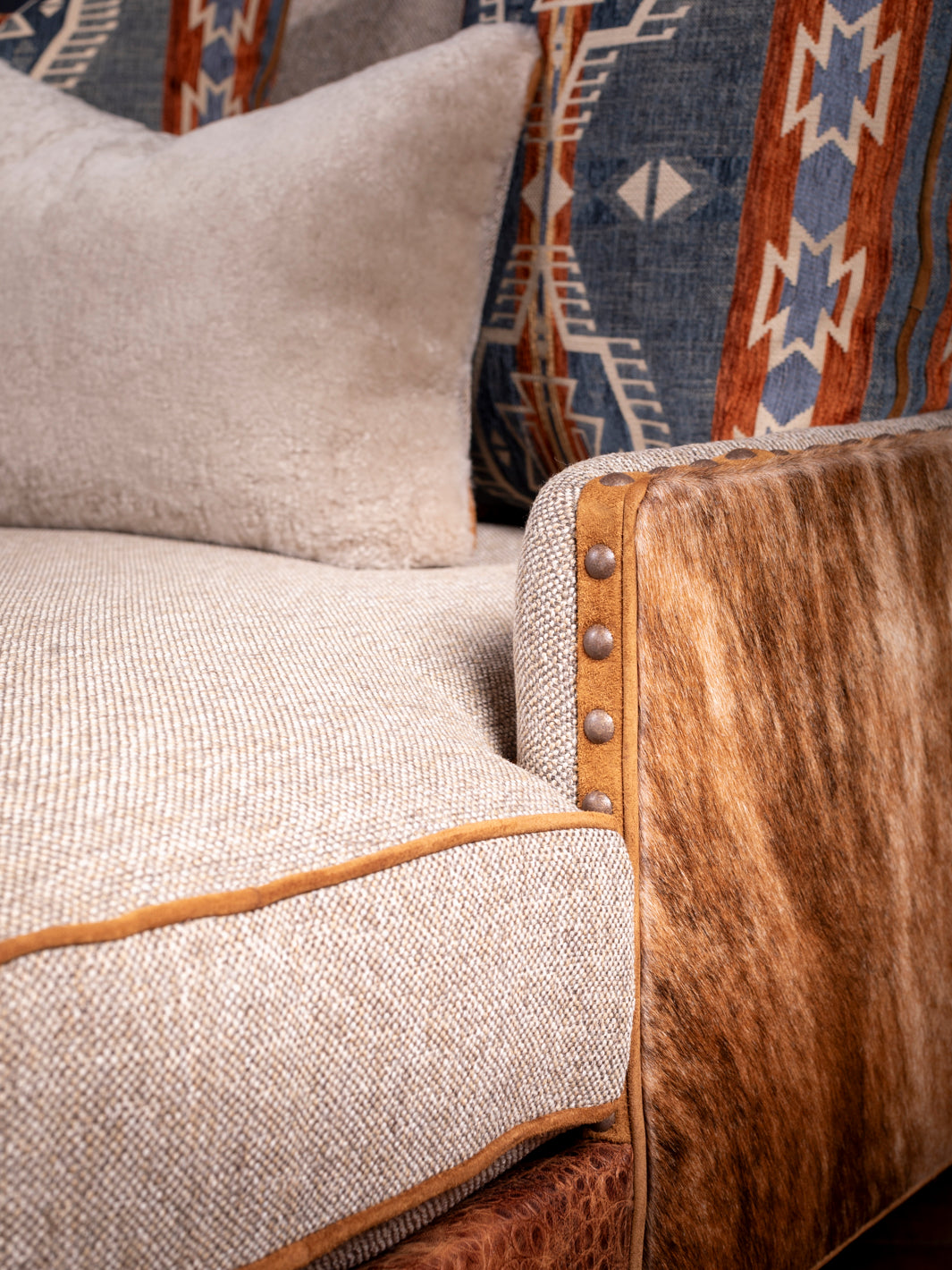 Textured Fabric & Cowhide Chaise Lounge