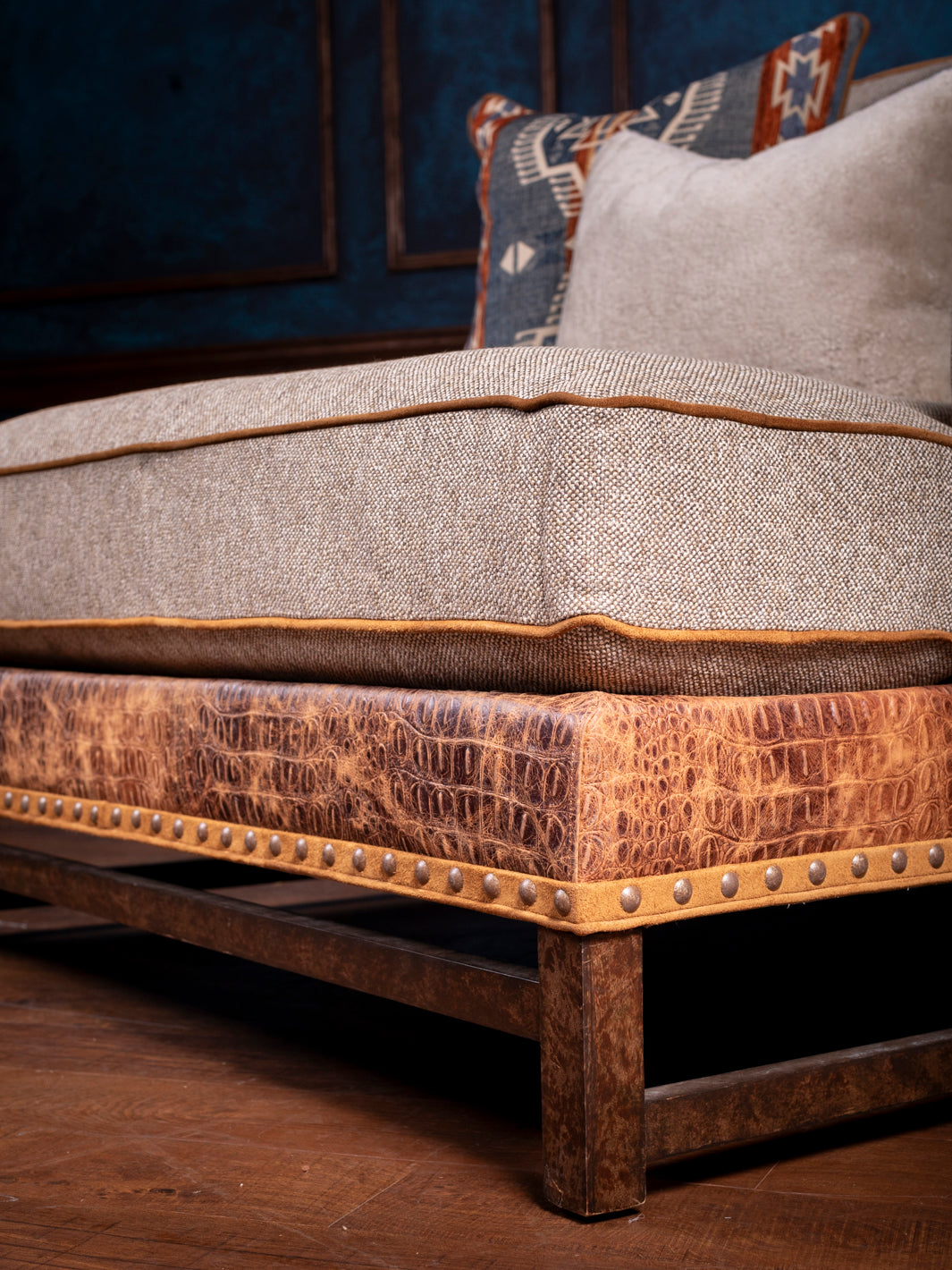 Textured Fabric & Cowhide Chaise Lounge