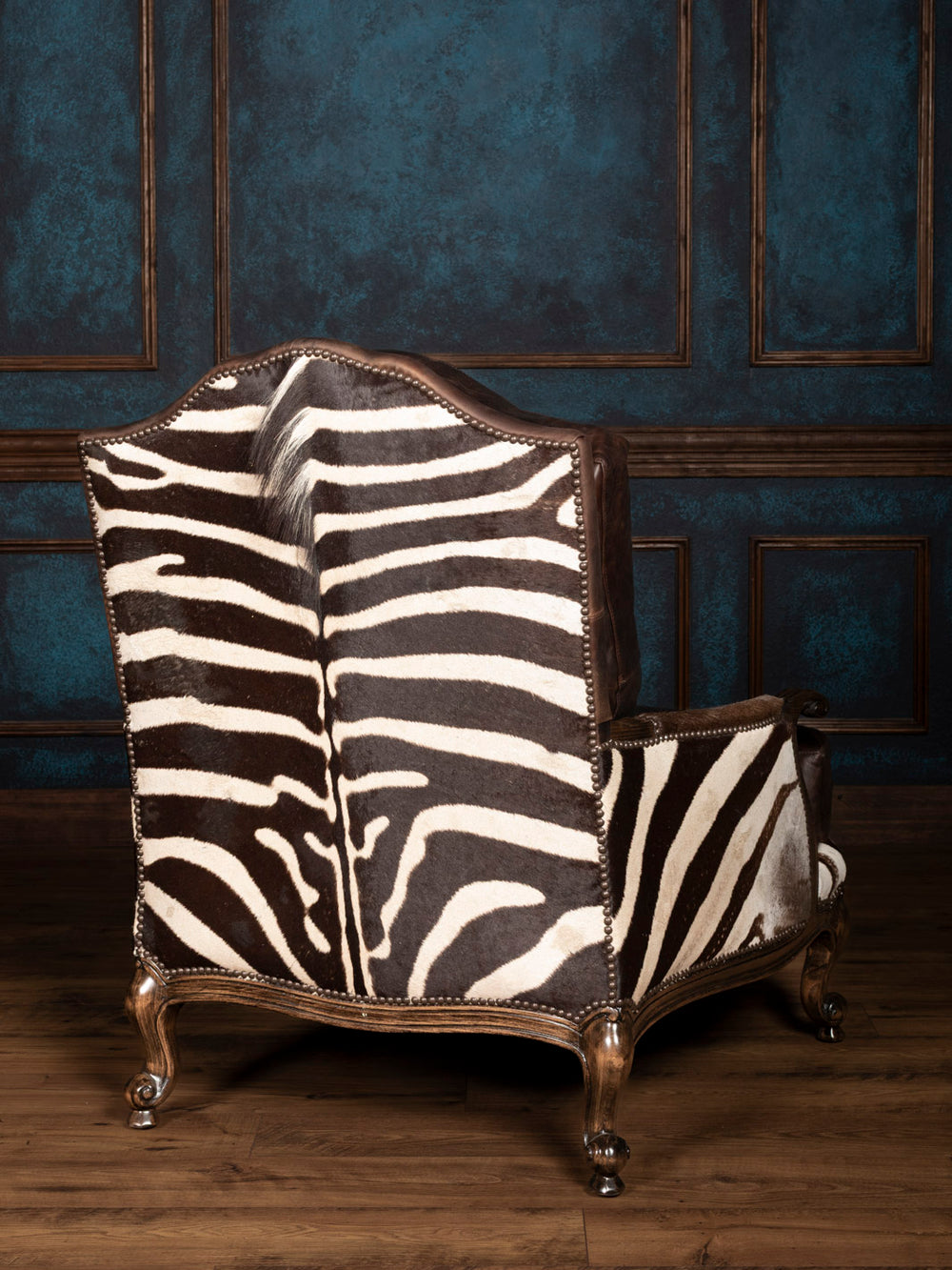 Back view of leather chair with real zebra hide pattern