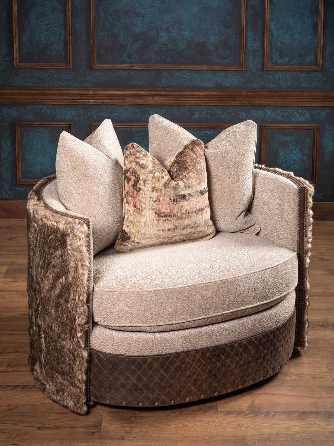 Timberline Fabric & Leather Dyson Swivel Chair front view with pillows