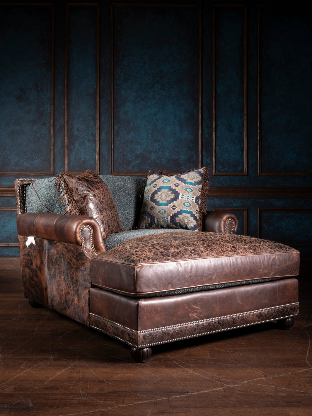 Turquoise Leather & Fabric Chaise Lounge