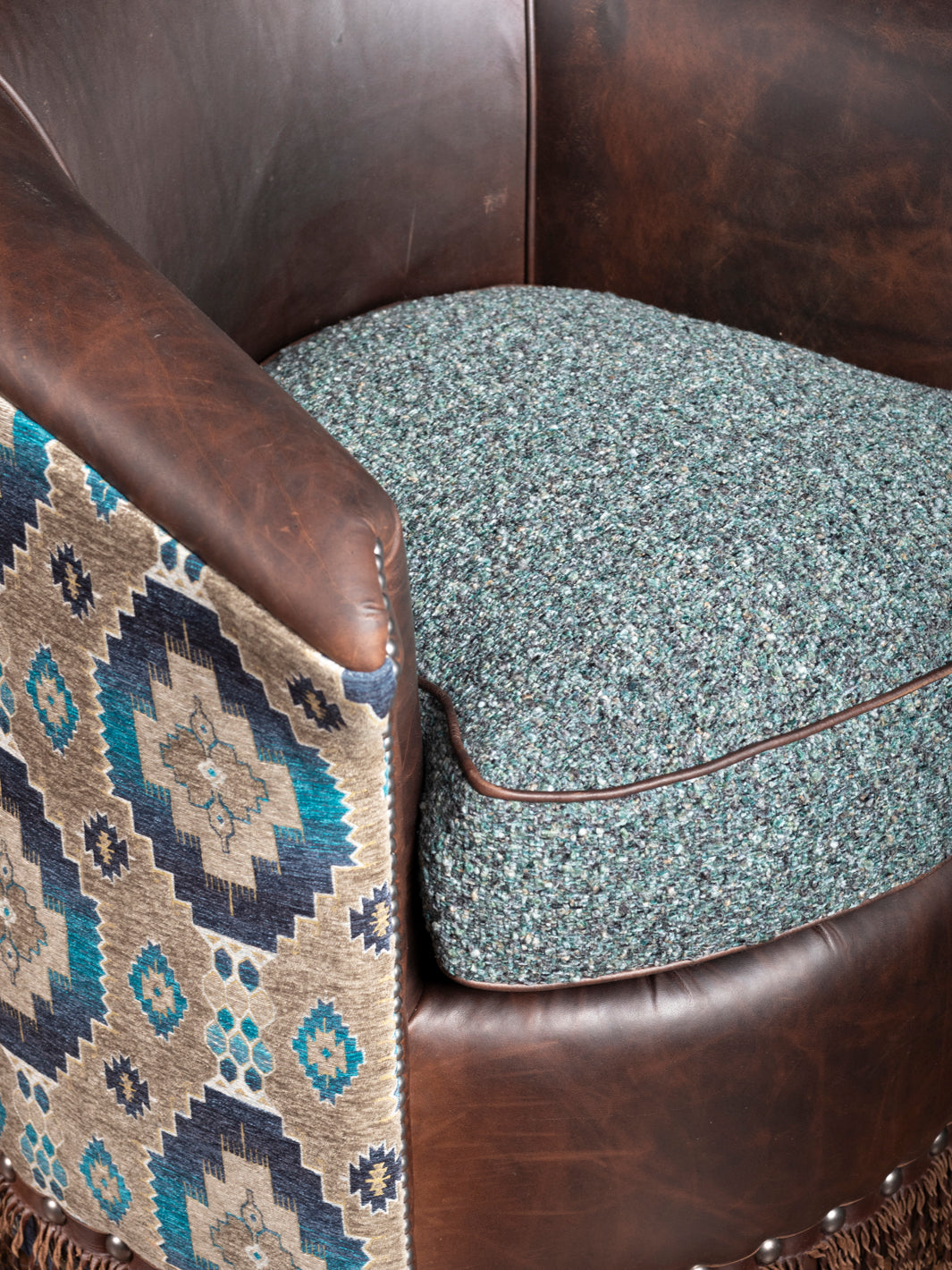 Turquoise Leather & Fabric Swivel Chair