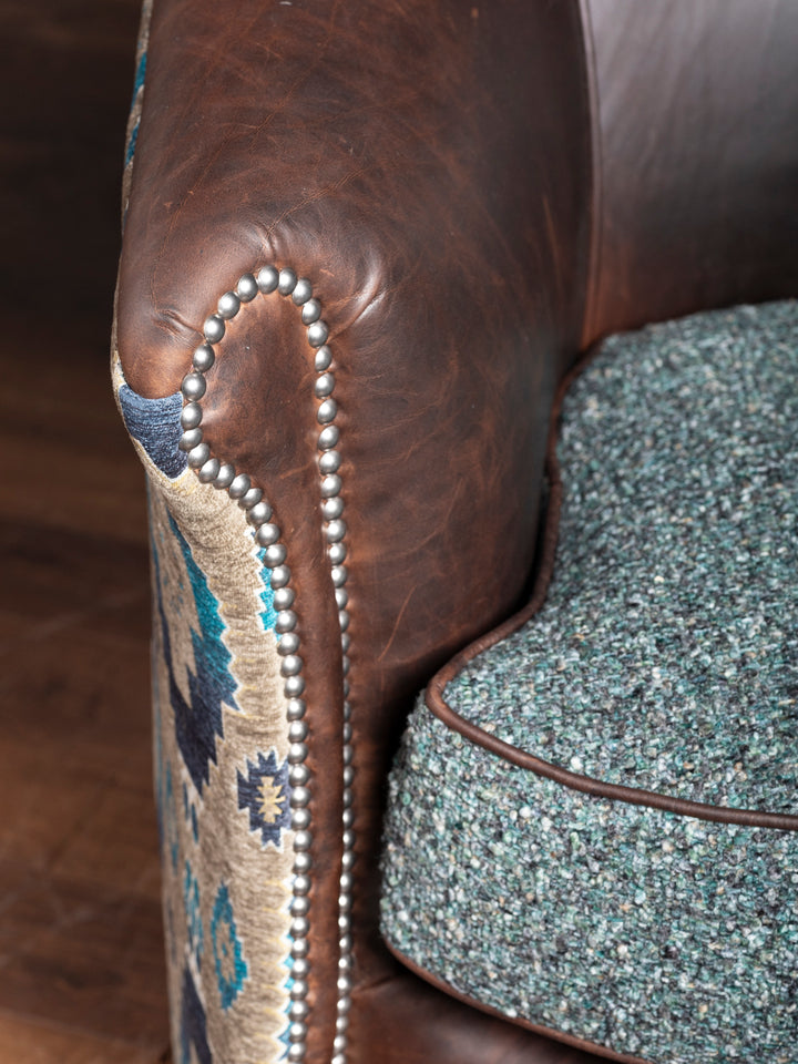 Turquoise Leather & Fabric Swivel Chair