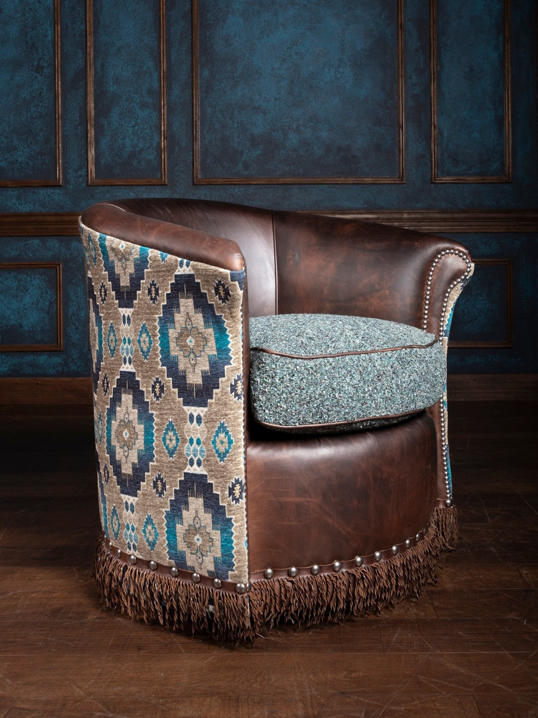 Turquoise Leather & Fabric Swivel Chair