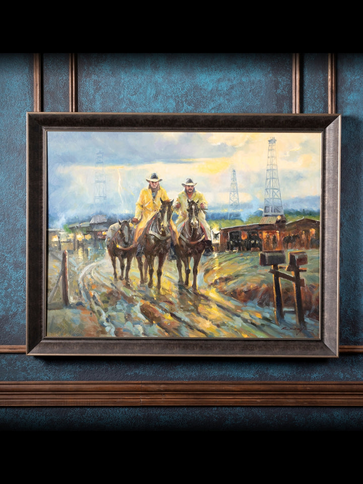 Rainy Boomtown Western Canvas Art - Cowboys in Oil Country