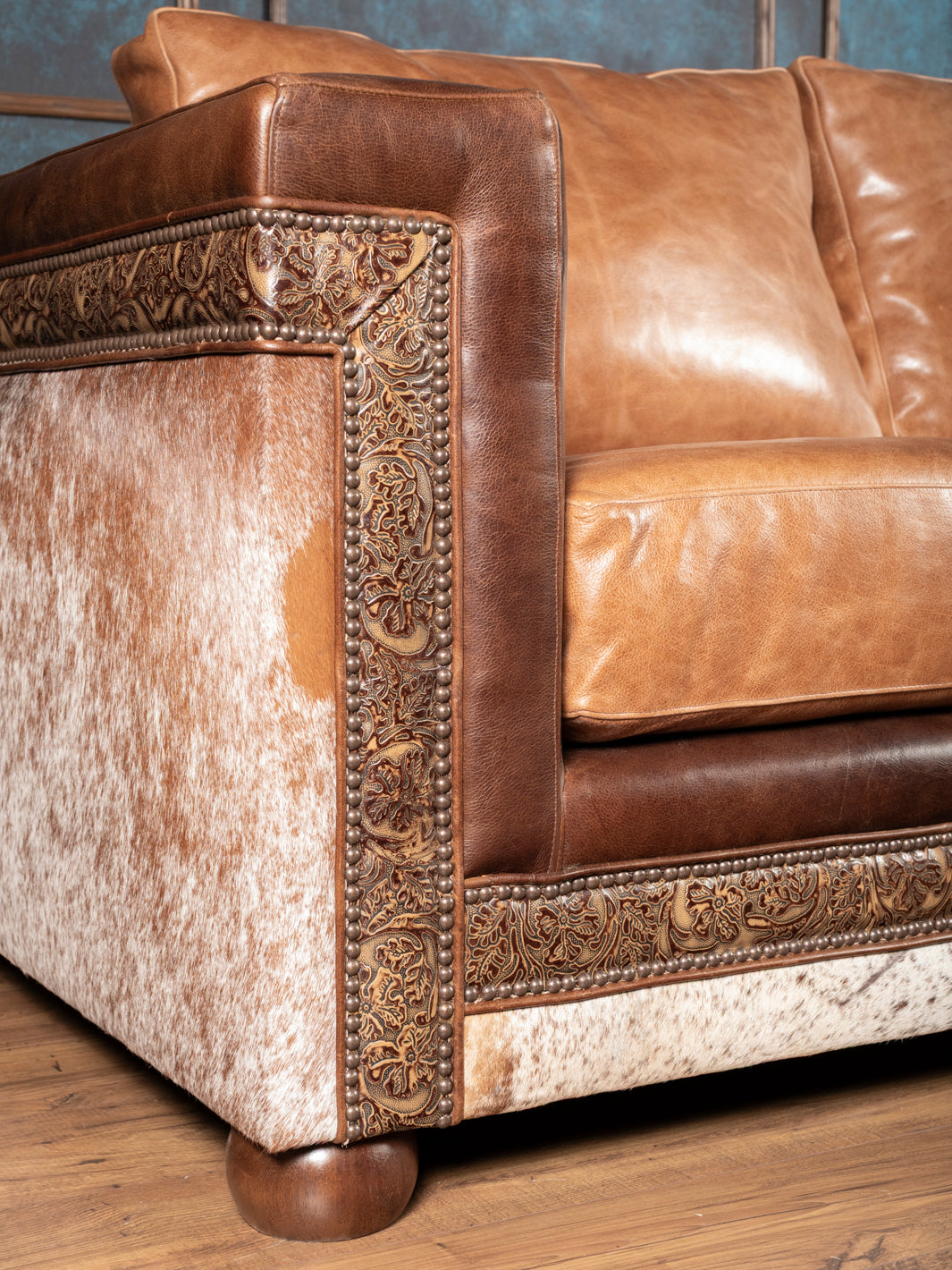 cowhide leather western sofa side angle