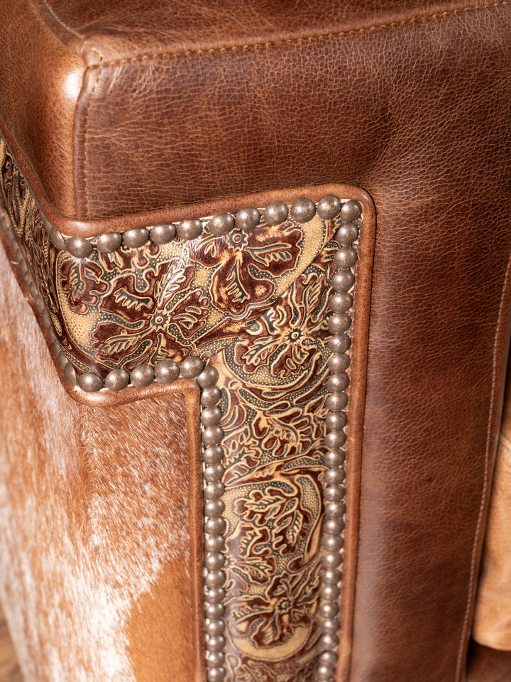 two-tone leather ranch style sofa detail