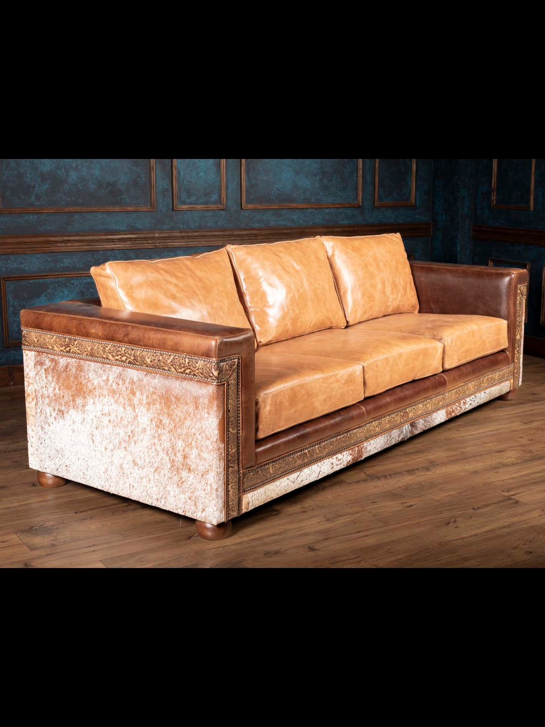 brown leather and cowhide sofa base detailing