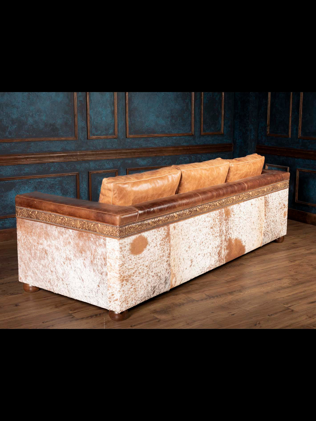 western ranch style leather sofa back view