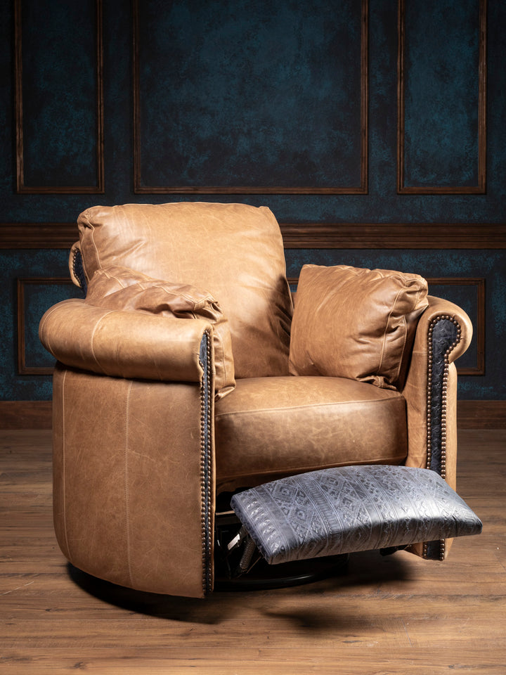 The Amber Range leather recliner shown fully reclined, demonstrating its smooth pushback recline mechanism.