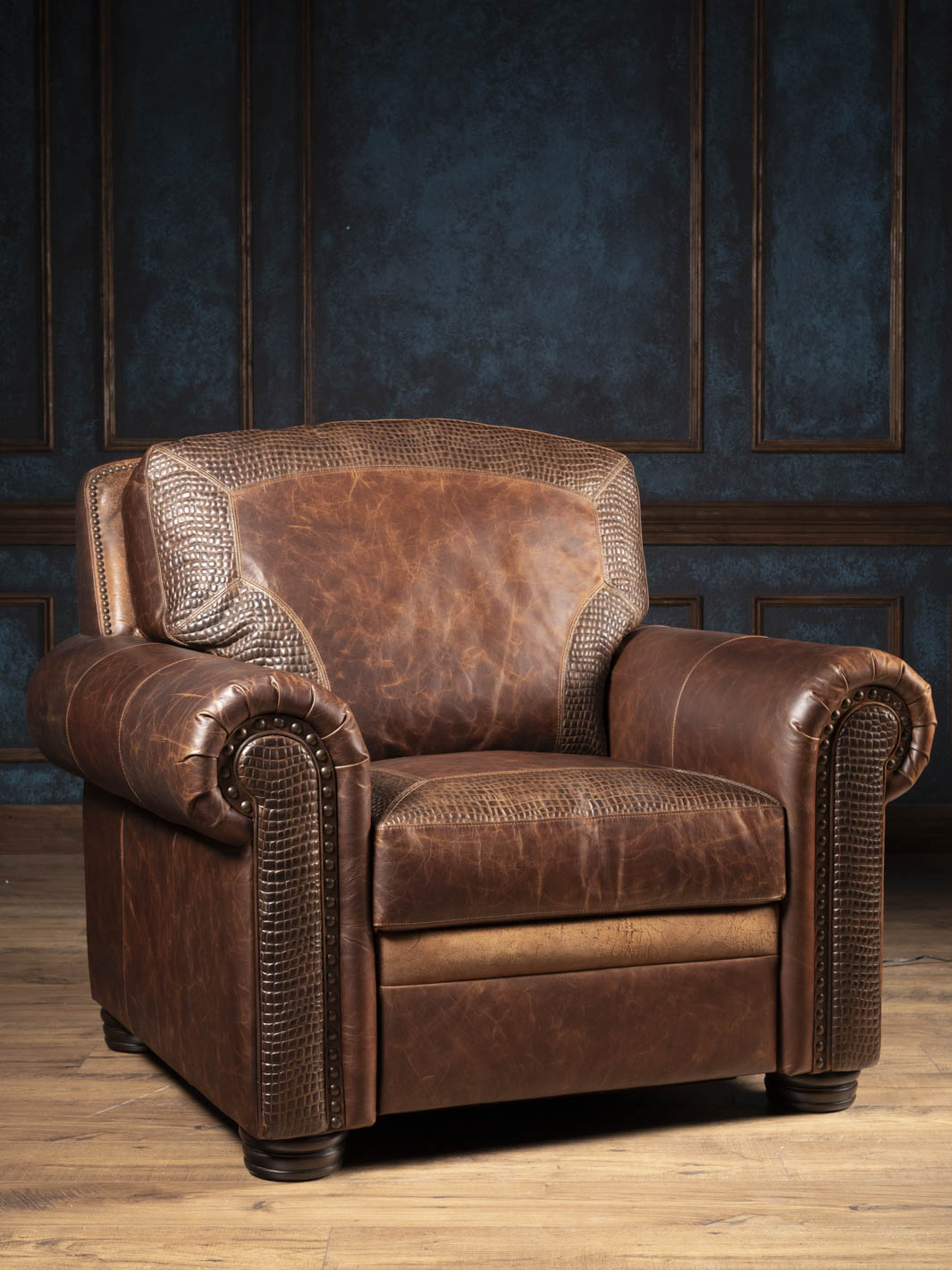Bison Leather Power Recliner in Walnut brown with alligator embossed accents on the back and arm panels, front view