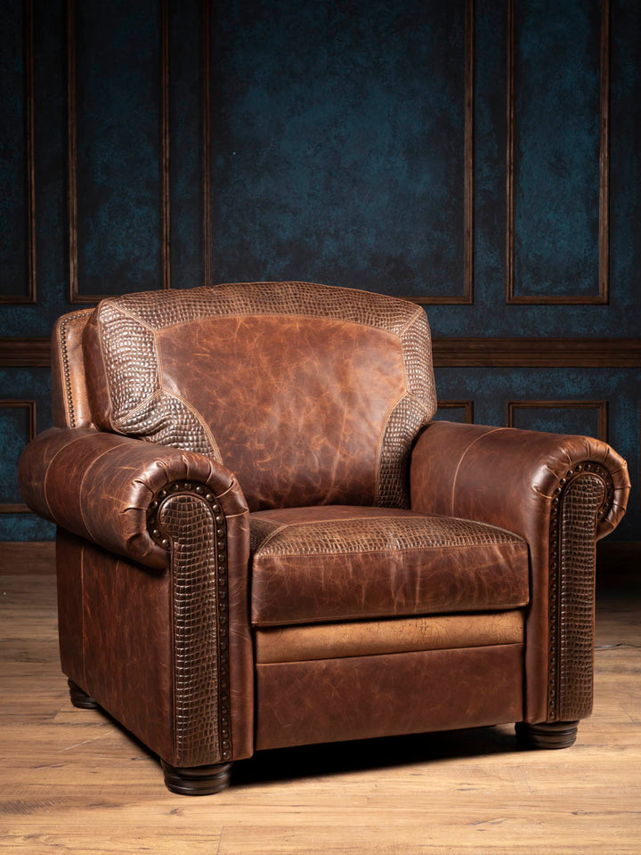 Bison Leather Power Recliner in Walnut brown with alligator embossed accents on the back and arm panels, front view