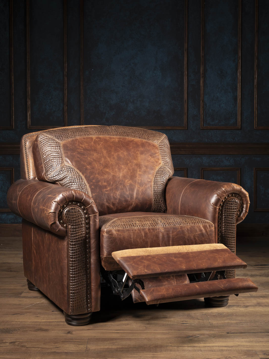 Bison Leather Power Recliner shown reclined with the footrest extended