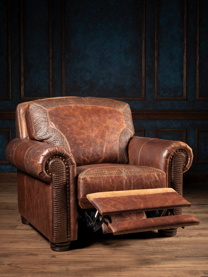 Bison Leather Power Recliner shown reclined with the footrest extended