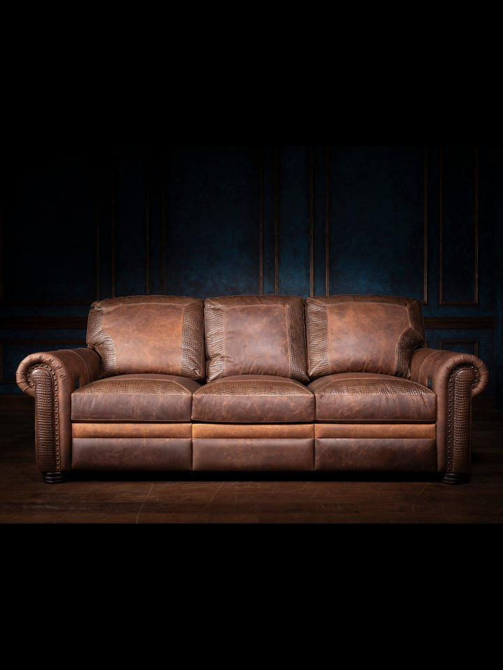 Bison Leather Power Recliner Sofa in distressed Walnut full-grain leather with crocodile embossed inlays in a rustic lodge great room.