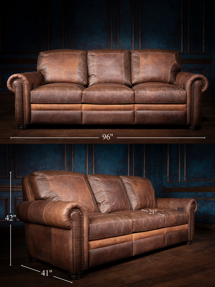 Bison Leather Power Recliner Sofa size guide with overall dimensions and seat depth for room planning. 