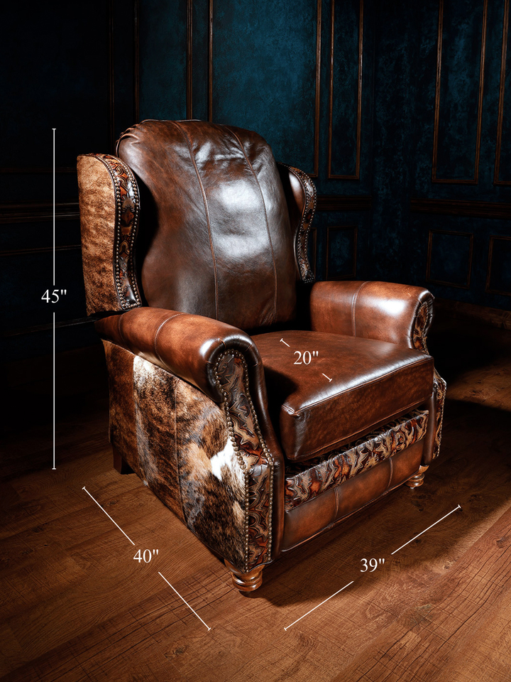 Blackstone Western Leather Recliner size guide with overall height, width, and seat depth room planning.
