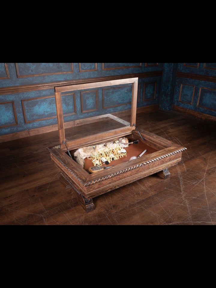 Saddle Ridge Shadow Box Coffee Table with glass top and hand carved wood in a spacious western home.