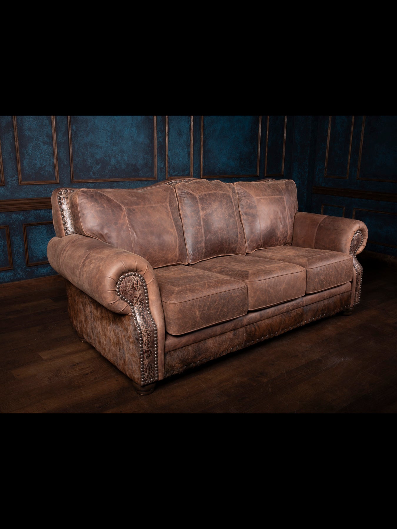 Rustic Leather Sofa with Brindle Cowhide & Embossed Trim – Runyon's ...