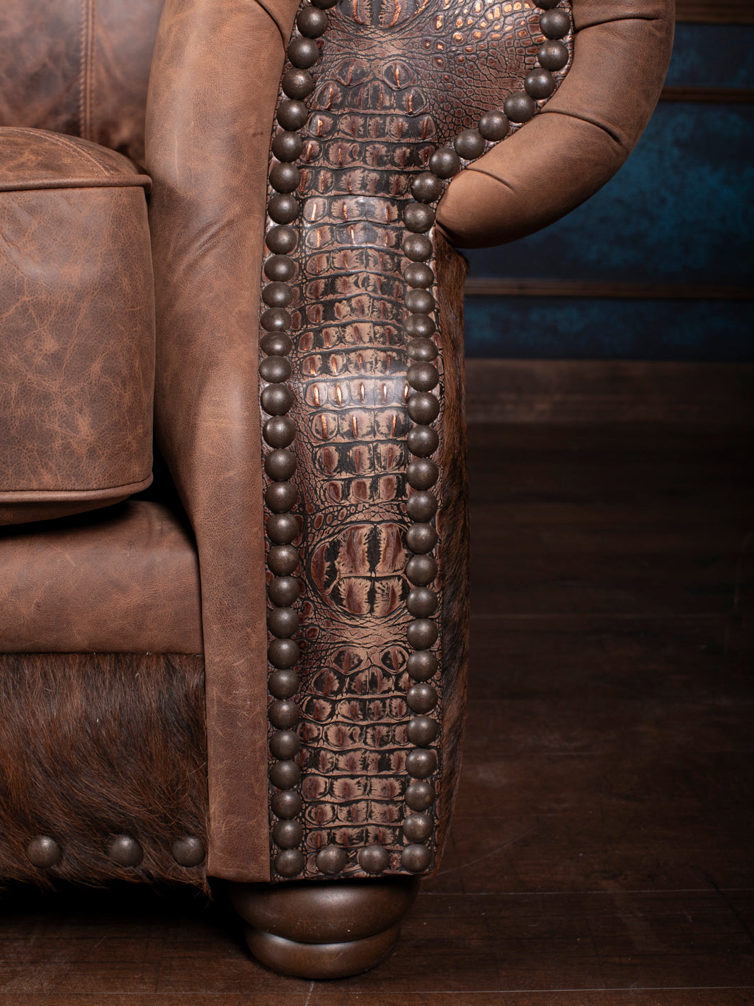 Rustic Leather Sofa with Brindle Cowhide & Embossed Trim – Runyon's ...