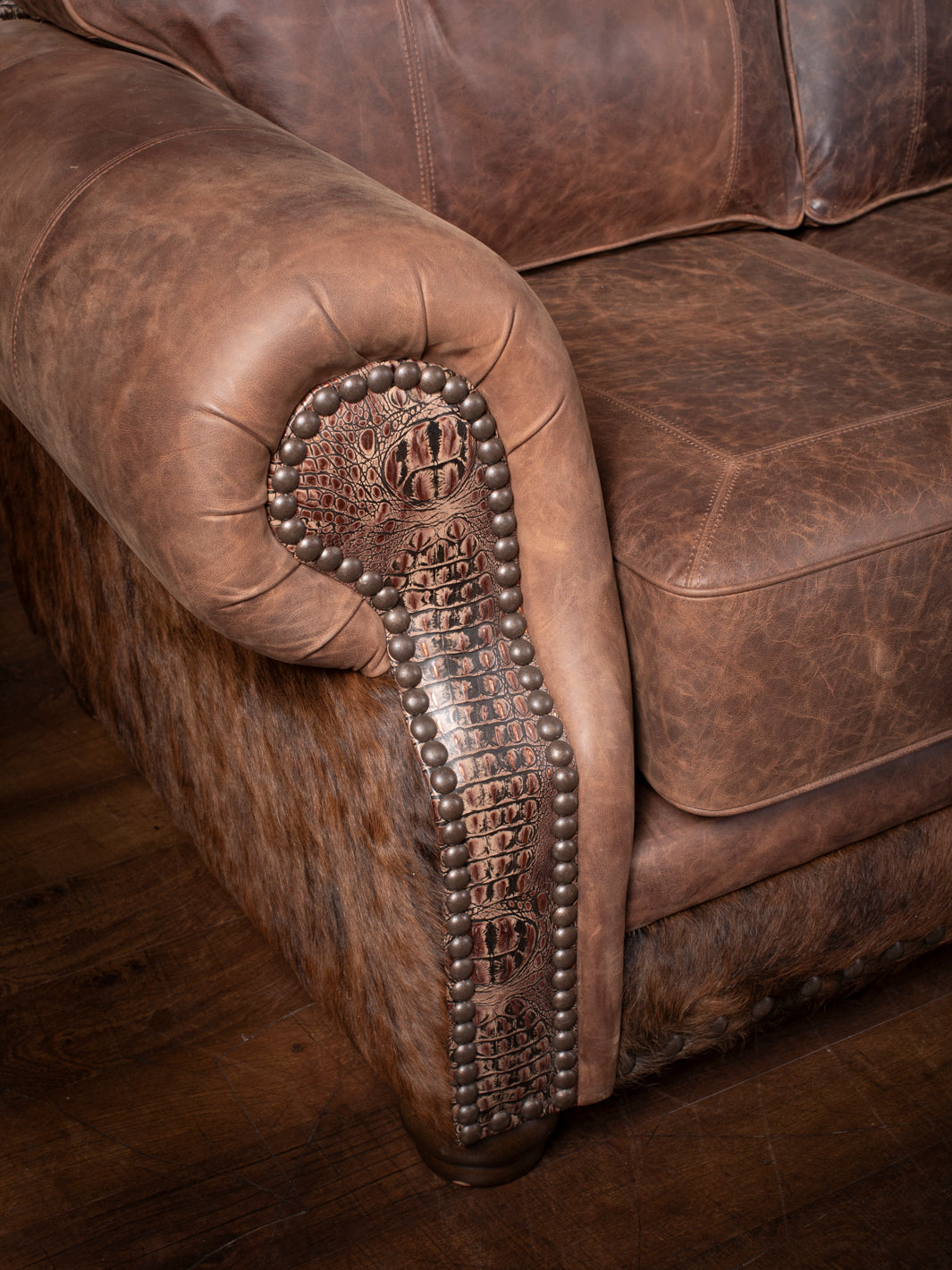 Rustic Leather Sofa with Brindle Cowhide & Embossed Trim – Runyon's ...